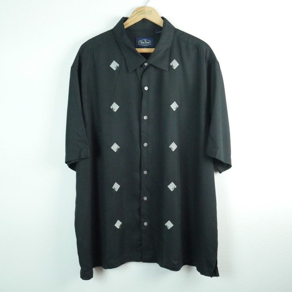 Nat Nast Luxury Originals Black 100% Silk Embroidered Camp Shirt Mens XXL Casual